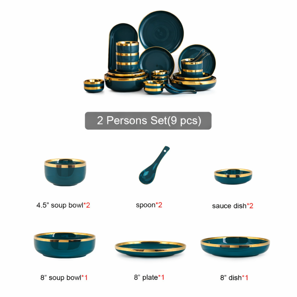 Luxury 9 PCS Dark Green Dinnerware Set – Premium Ceramic European Tableware with Gold Finish