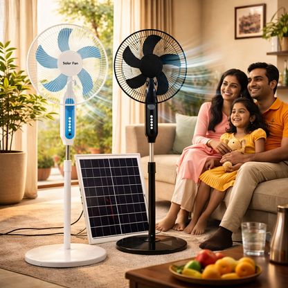 HS188 Solar Rechargeable Fan with Panel – High Power Portable Fan with Battery Backup & LED Light