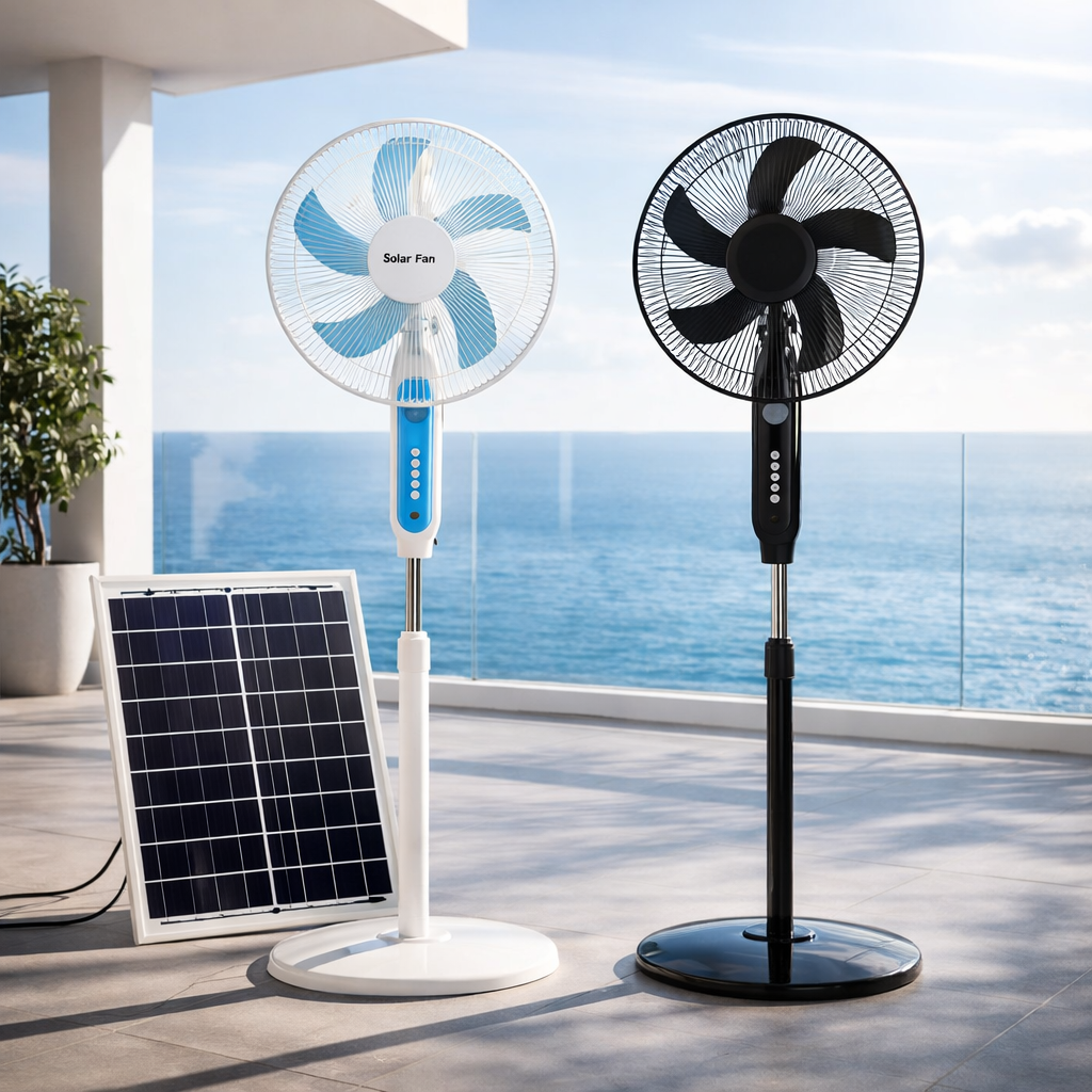 HS188 Solar Rechargeable Fan with Panel – High Power Portable Fan with Battery Backup & LED Light
