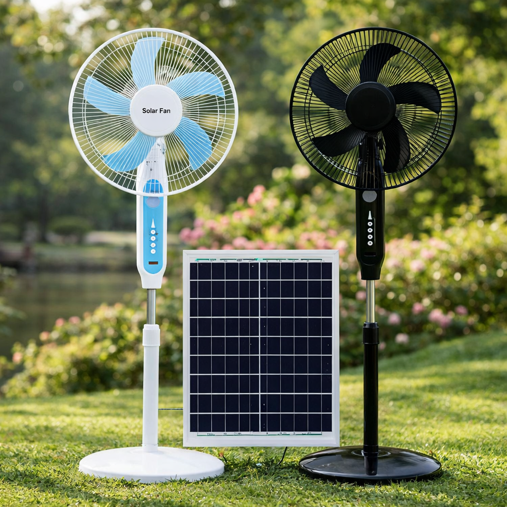 HS188 Solar Rechargeable Fan with Panel – High Power Portable Fan with Battery Backup & LED Light