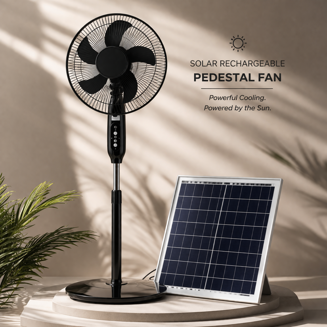 HS188 Solar Rechargeable Fan with Panel – High Power Portable Fan with Battery Backup & LED Light