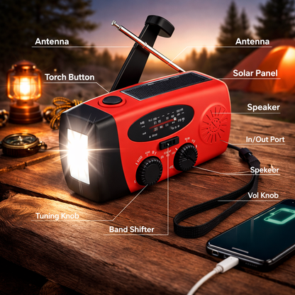 2000mAh Emergency Solar Hand Crank Radio with Power Bank – AM/FM, SOS Alarm & Flashlight 2000mAh