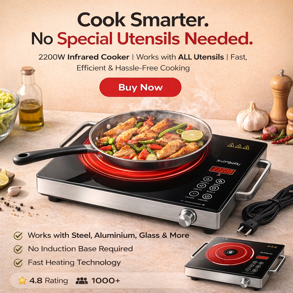 Portable Infrared Cooker | Works with ALL Utensils | Smart LPG Alternative for Fast, Safe &amp; Energy-Efficient Cooking | 2200W