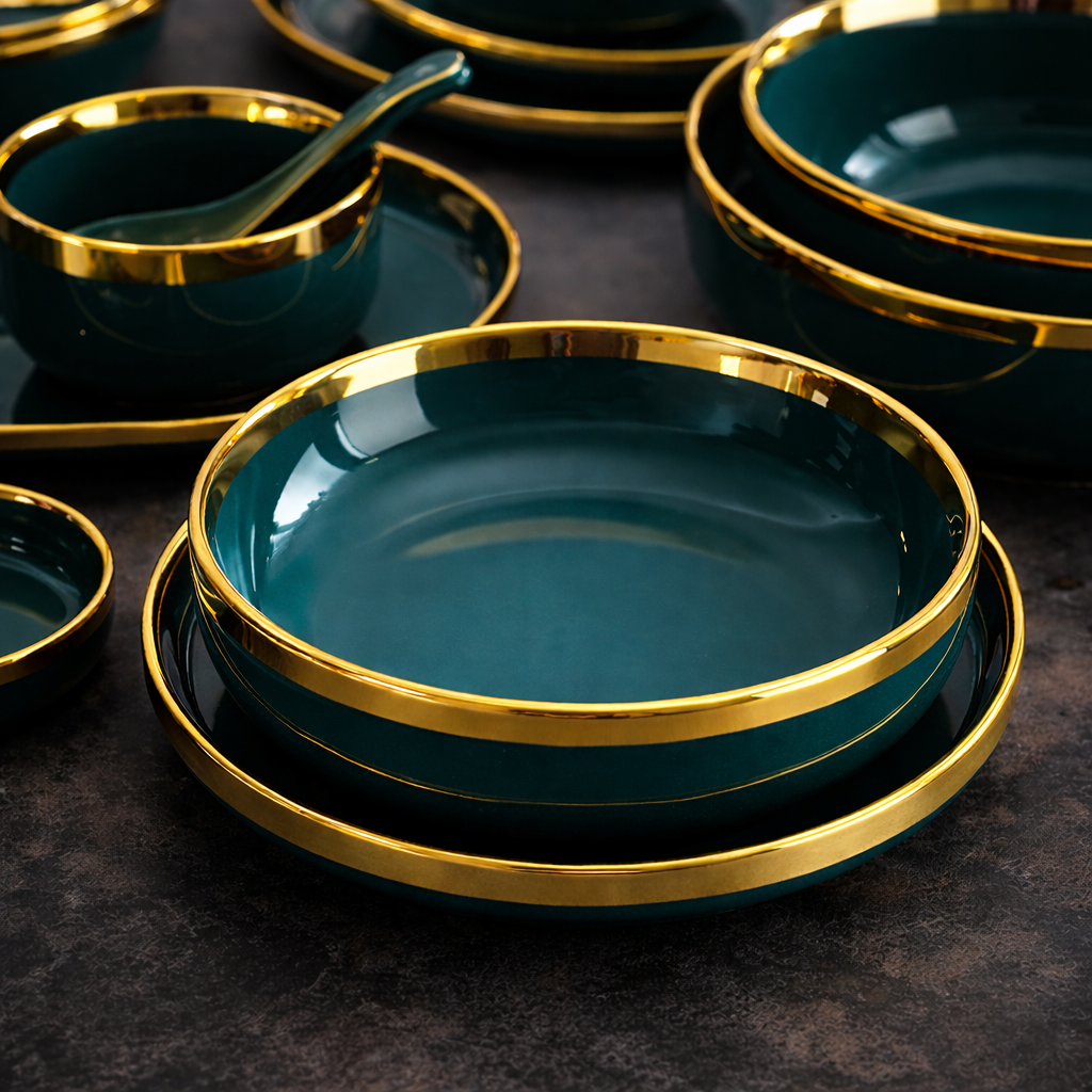 Luxury 9 PCS Dark Green Dinnerware Set – Premium Ceramic European Tableware with Gold Finish