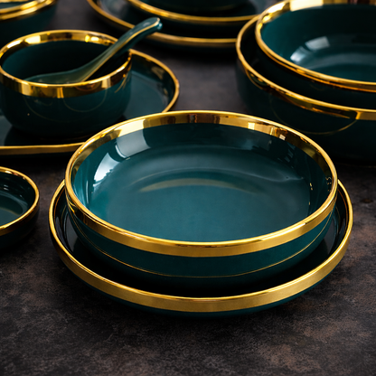 Luxury 9 PCS Dark Green Dinnerware Set – Premium Ceramic European Tableware with Gold Finish