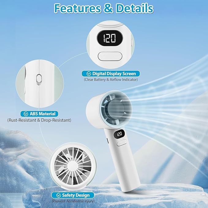 USB Rechargeable Fan – 1800mAh Battery, Digital Display, 120 Speed Levels, Up to 6 Hours Runtime – Lightweight and Portable (White)