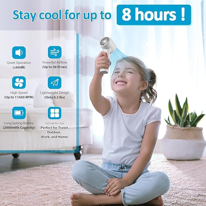 USB Rechargeable Fan – 1800mAh Battery, Digital Display, 120 Speed Levels, Up to 6 Hours Runtime – Lightweight and Portable (White)