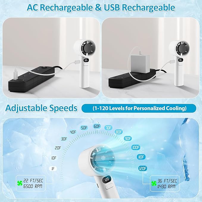 USB Rechargeable Fan – 1800mAh Battery, Digital Display, 120 Speed Levels, Up to 6 Hours Runtime – Lightweight and Portable (White)