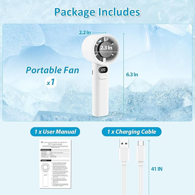 USB Rechargeable Fan – 1800mAh Battery, Digital Display, 120 Speed Levels, Up to 6 Hours Runtime – Lightweight and Portable (White)