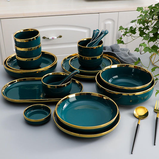 Luxury 9 PCS Dark Green Dinnerware Set – Premium Ceramic European Tableware with Gold Finish
