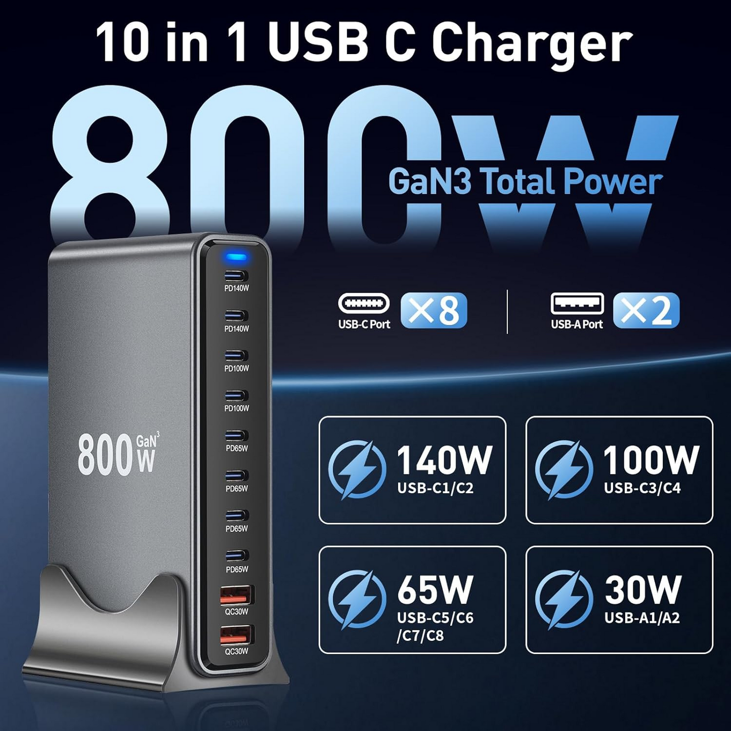 800W Ultimate Multiport USB-C Desktop   All-in-1 fast Charging Station