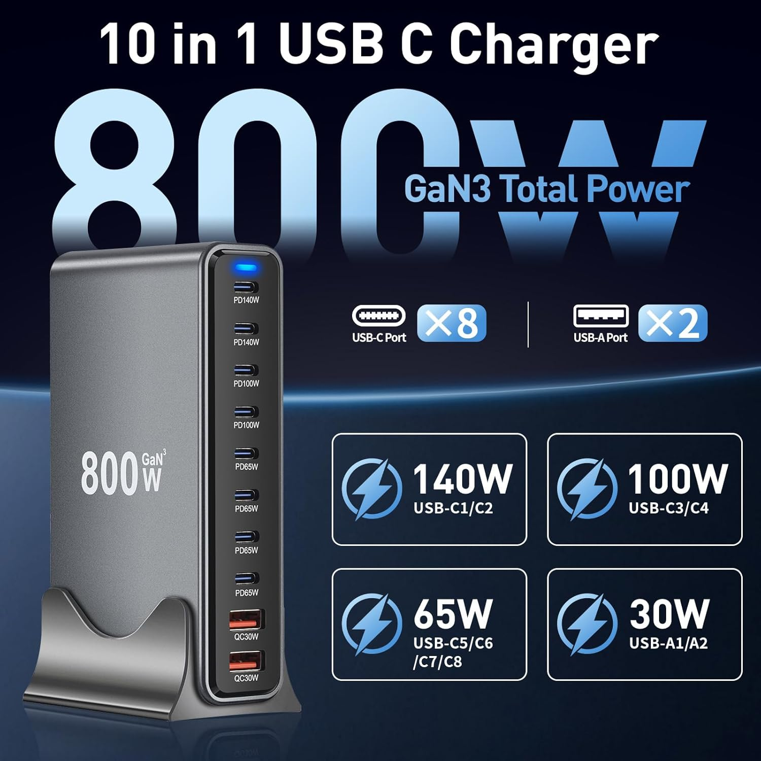 800W USB C Charger Block 10-Multiport USB C Charging Station