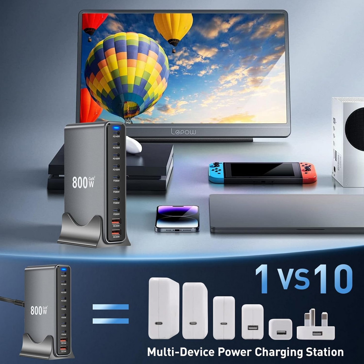 800W Ultimate Multiport USB-C Desktop   All-in-1 fast Charging Station