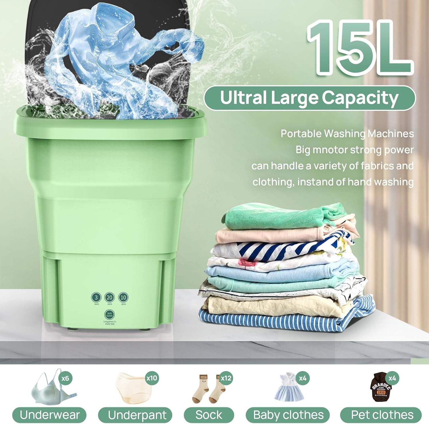Portable Mini Washing Machine – 15L Foldable Washer