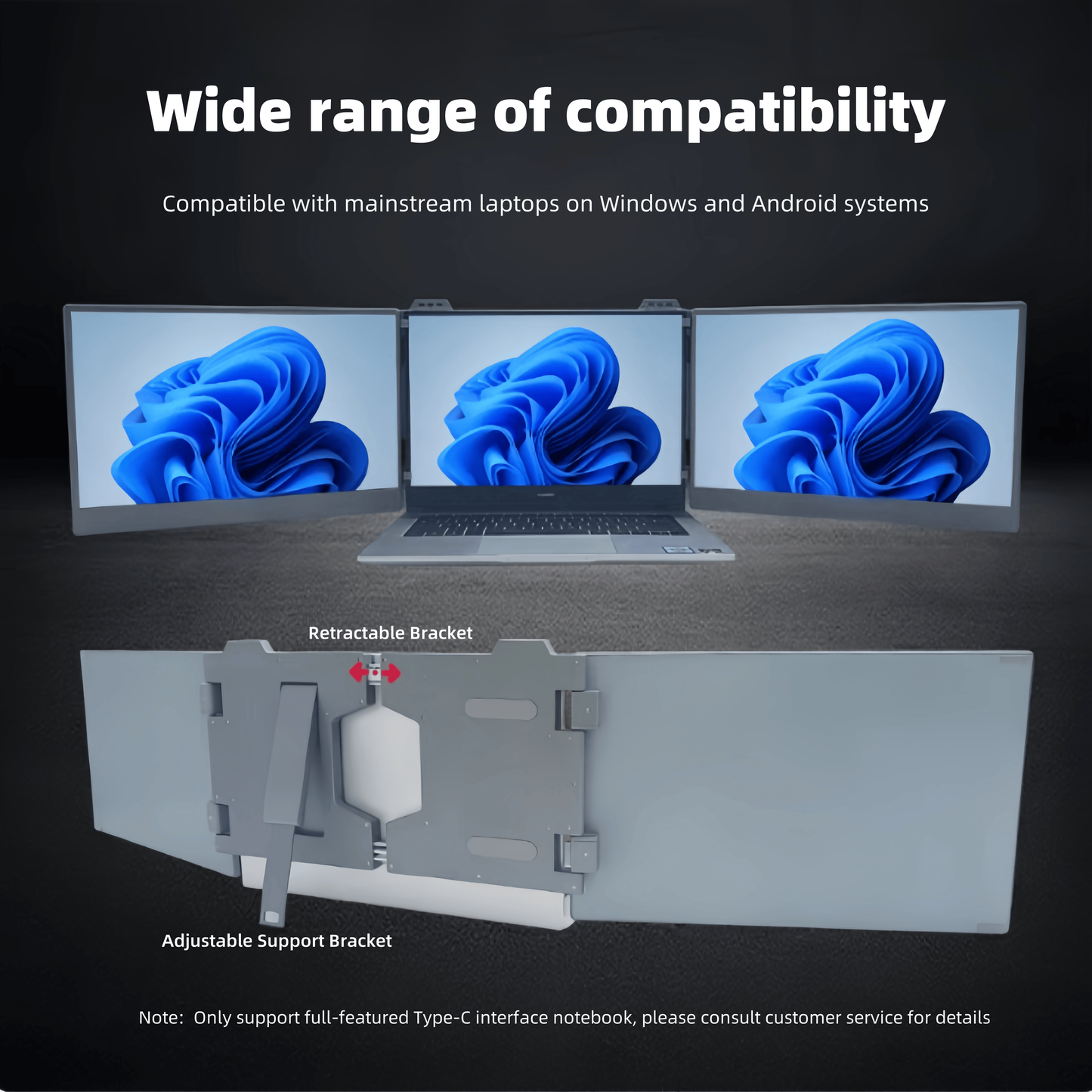 Triple Laptop Monitor Extender | Left Screen 360° Rotating Portable Laptop Display