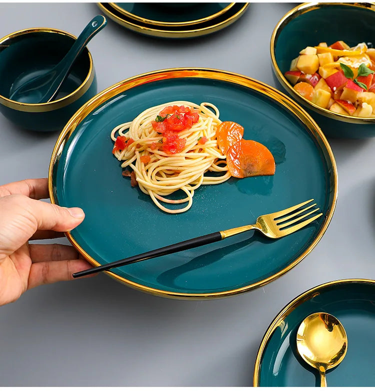Luxury 9 PCS Dark Green Dinnerware Set – Premium Ceramic European Tableware with Gold Finish