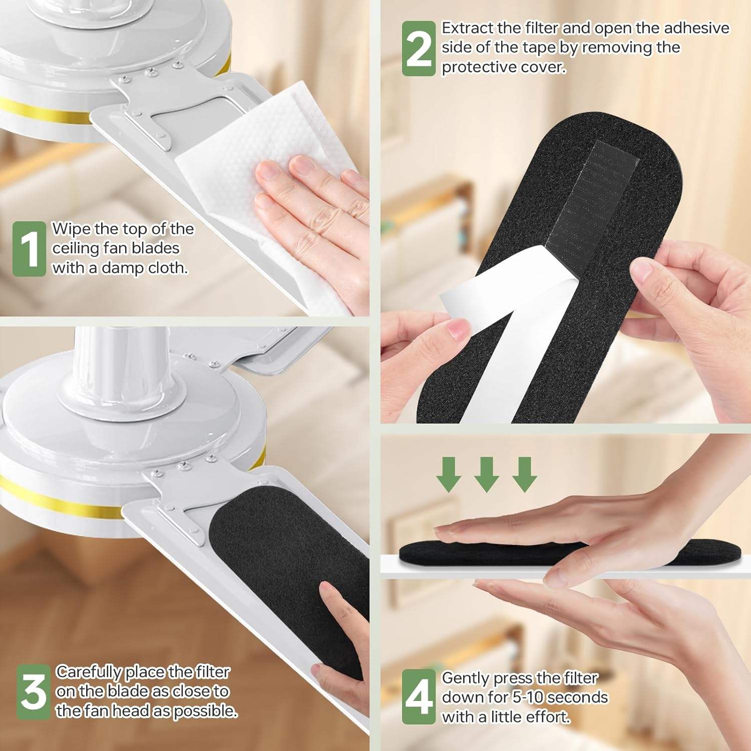 Activated Carbon Ceiling Fan Blade Filters – Easy Stick Dust & Odor Filter for Home & Office Fans