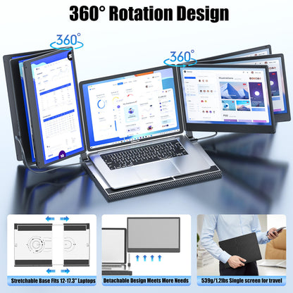 Triple Laptop Monitor Extender | Left Screen 360° Rotating Portable Laptop Display
