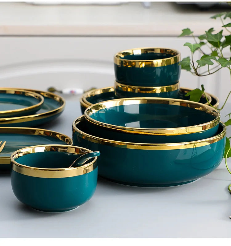 Luxury 9 PCS Dark Green Dinnerware Set – Premium Ceramic European Tableware with Gold Finish