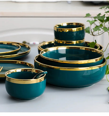 Luxury 9 PCS Dark Green Dinnerware Set – Premium Ceramic European Tableware with Gold Finish