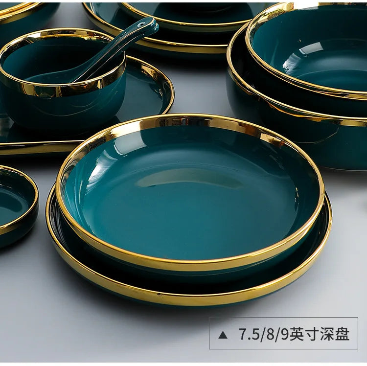 Luxury 9 PCS Dark Green Dinnerware Set – Premium Ceramic European Tableware with Gold Finish