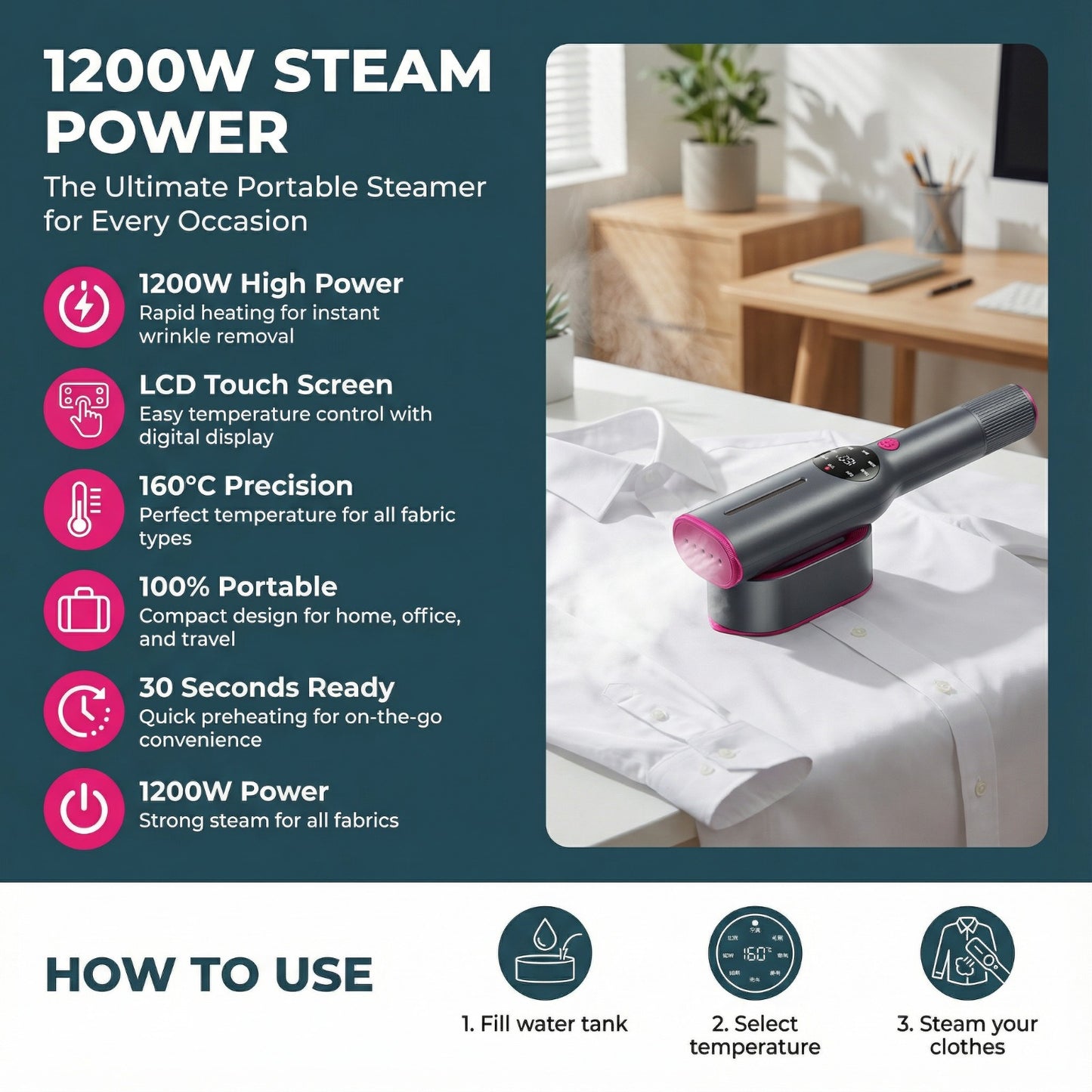 Portable Electric Garment Steamer with Smart LCD Display (1200W)