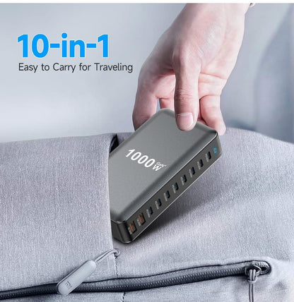 1000W 10-Port GaN Charging Station – Ultra-Fast Multi-Device USB-C & USB-A Power Hub