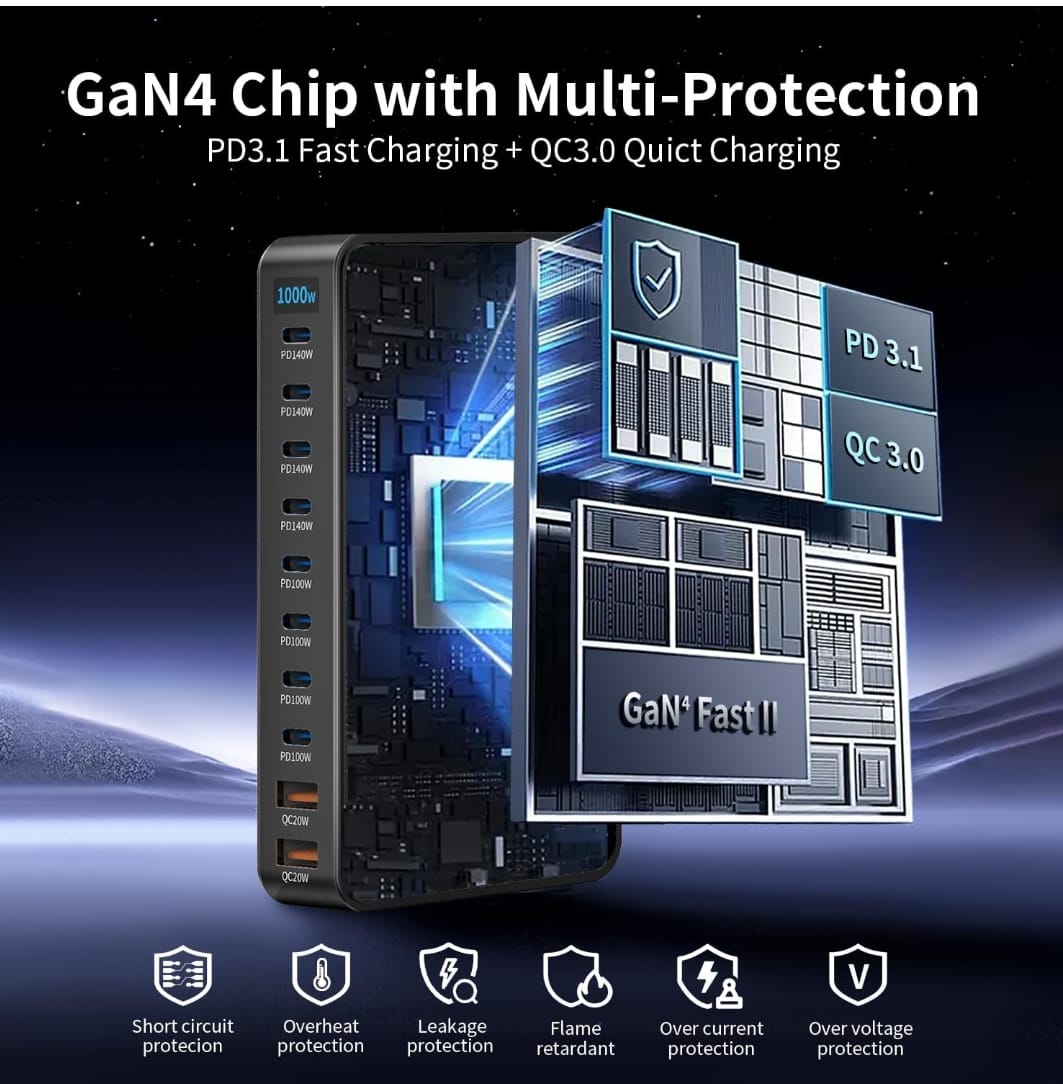 1000W 10-Port GaN Charging Station – Ultra-Fast Multi-Device USB-C & USB-A Power Hub