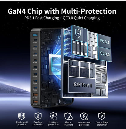 1000W 10-Port GaN Charging Station – Ultra-Fast Multi-Device USB-C & USB-A Power Hub