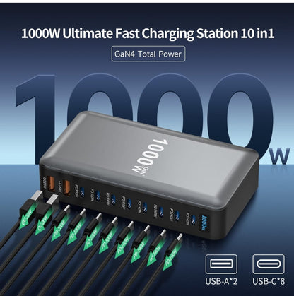 1000W 10-Port GaN Charging Station – Ultra-Fast Multi-Device USB-C & USB-A Power Hub
